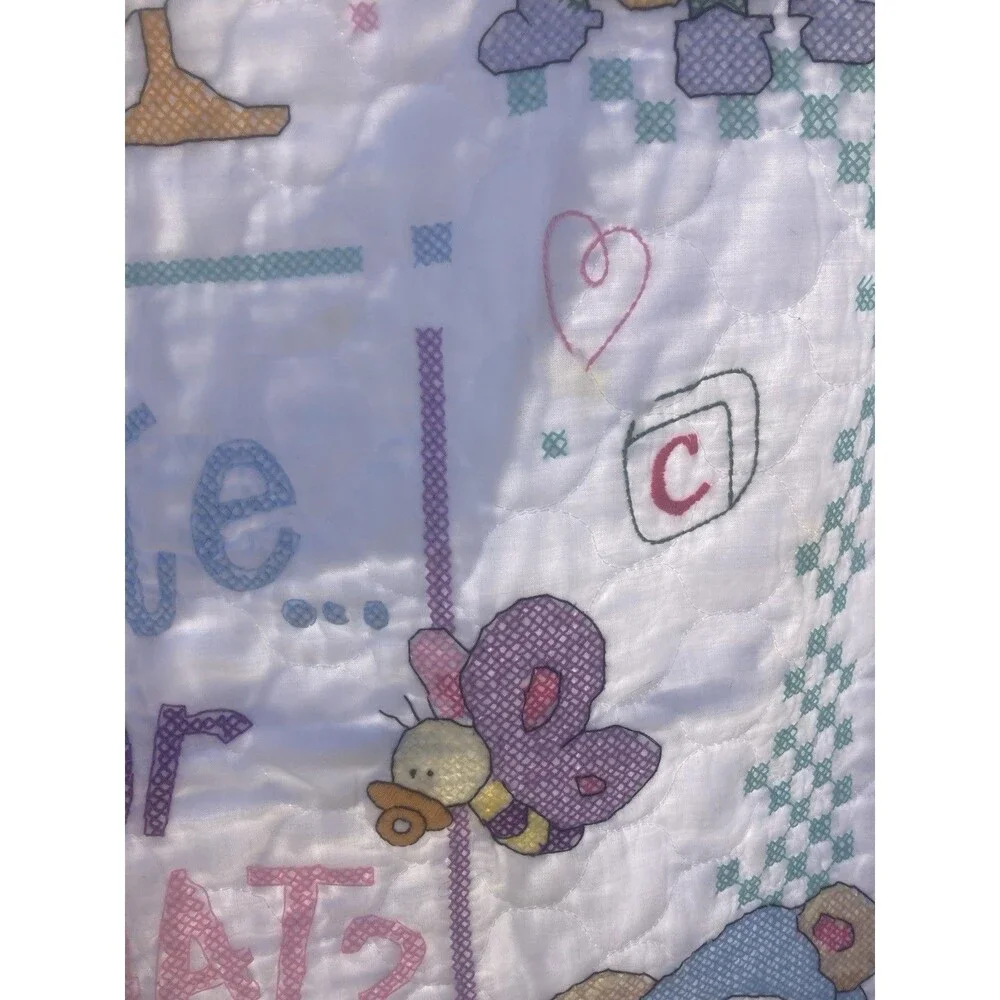 Vintage Cross Stitch Baby Crib Blanket Quilt Cute or What? Handmade 32